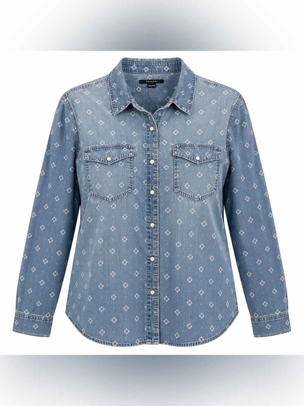 Tahari XXL Blue Floral Chambray Snap Front Shirt Western Top